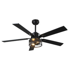 Modern black industrial ceiling fan with mesh cage light and five blades