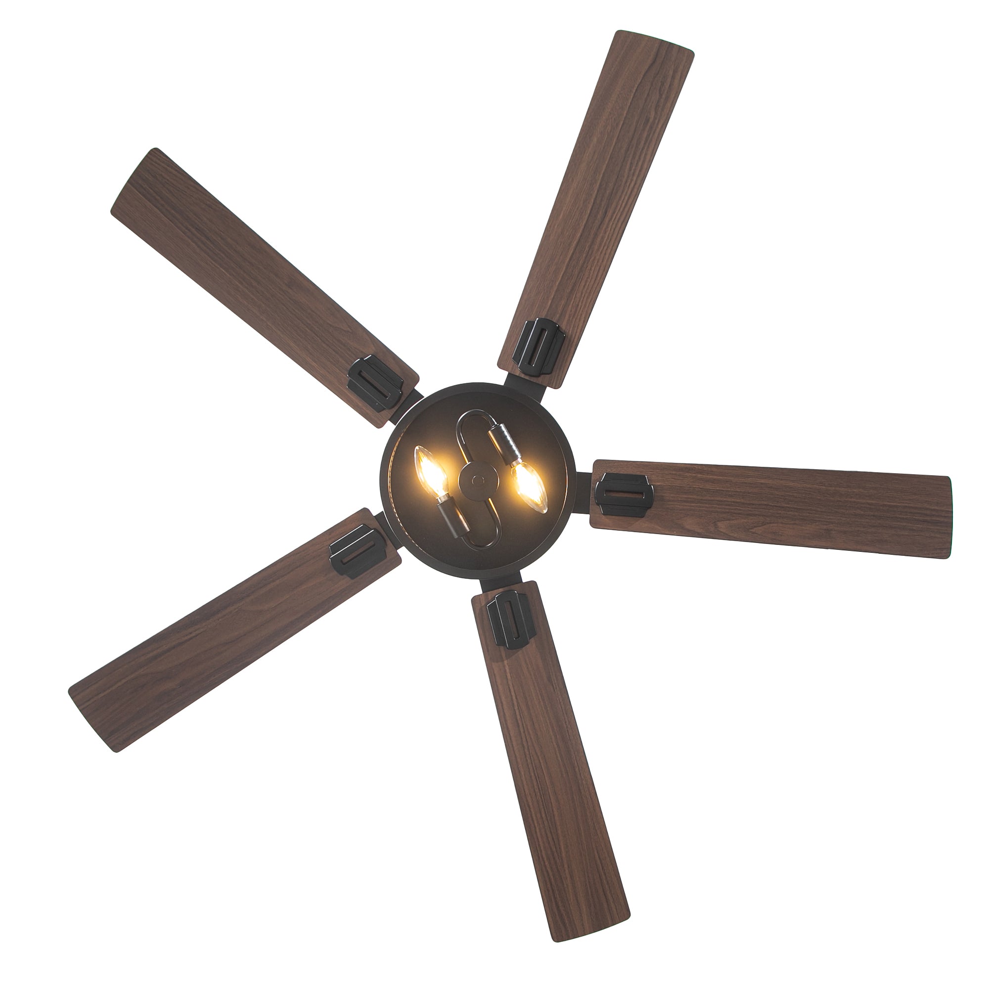 Modern wood blade ceiling fan with integrated exposed LED lights, dark finish
