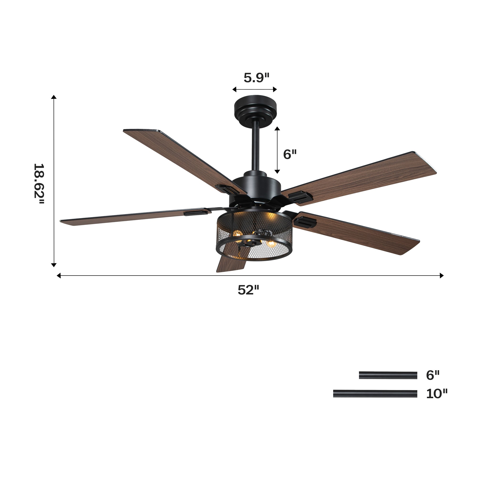 52-inch industrial ceiling fan with dark wood blades and mesh cage light, dimension diagram