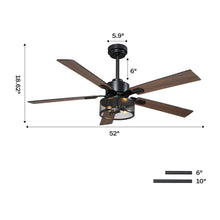 52-inch industrial ceiling fan with dark wood blades and mesh cage light, dimension diagram