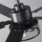 Modern black industrial ceiling fan with mesh metal light cover, close-up view