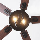 Modern ceiling fan with wood blades and exposed light bulbs, black and walnut finish