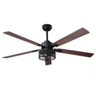 Modern industrial ceiling fan with five wood blades and black mesh light fixture