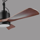 Modern ceiling fan with wood finish blades and integrated LED light on grey background
