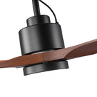 Modern ceiling fan with wood blades and integrated LED light, close-up view