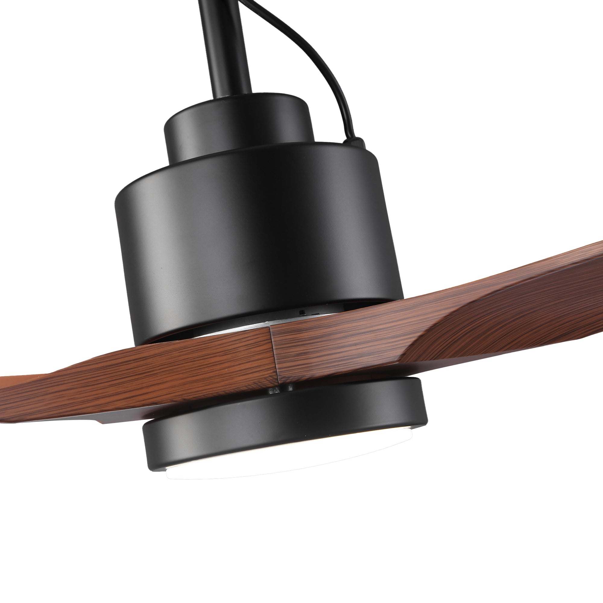 Modern ceiling fan with wood blades and integrated LED light, close-up view