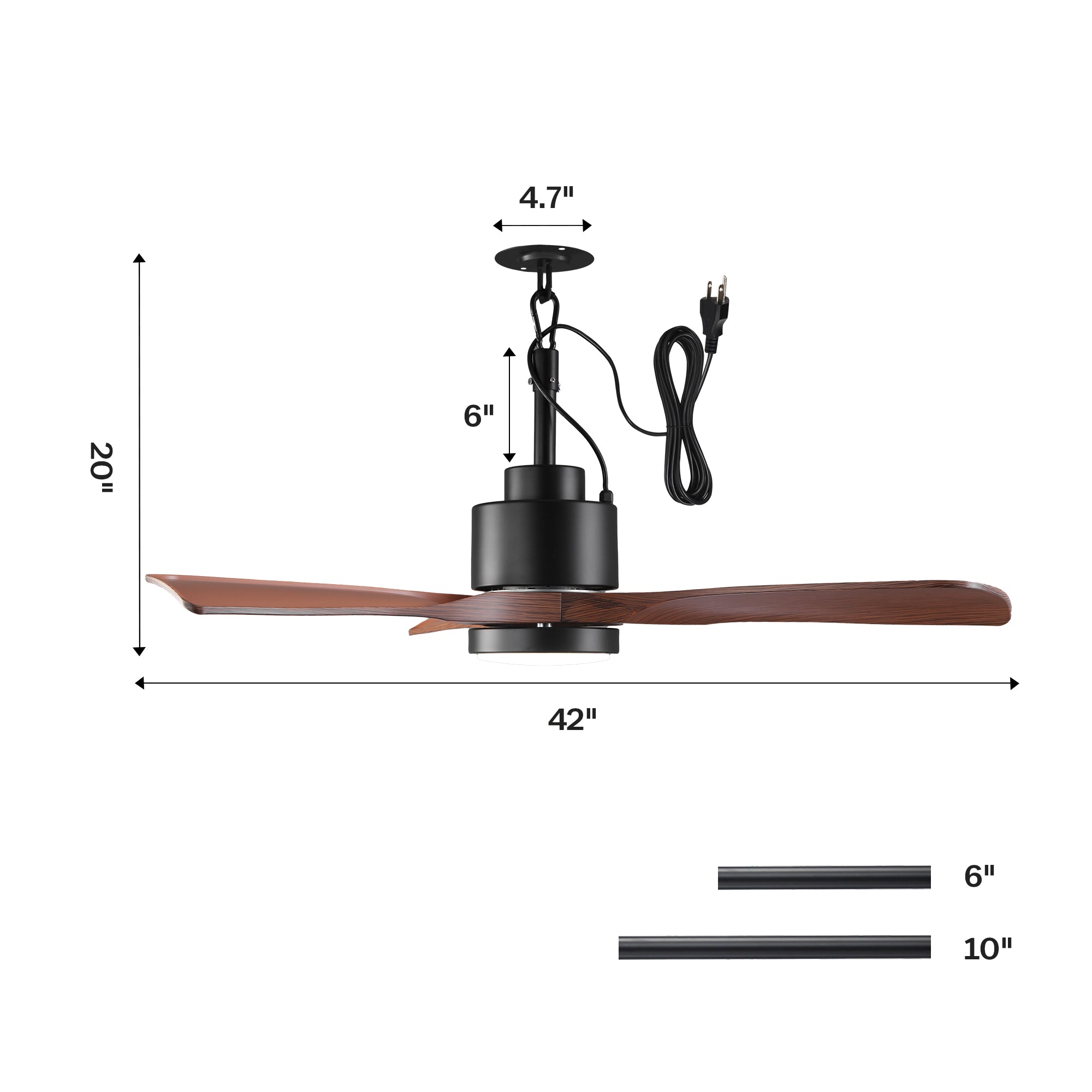 Modern 42-inch wood ceiling fan with black motor, dimensions labeled, downrod options shown.