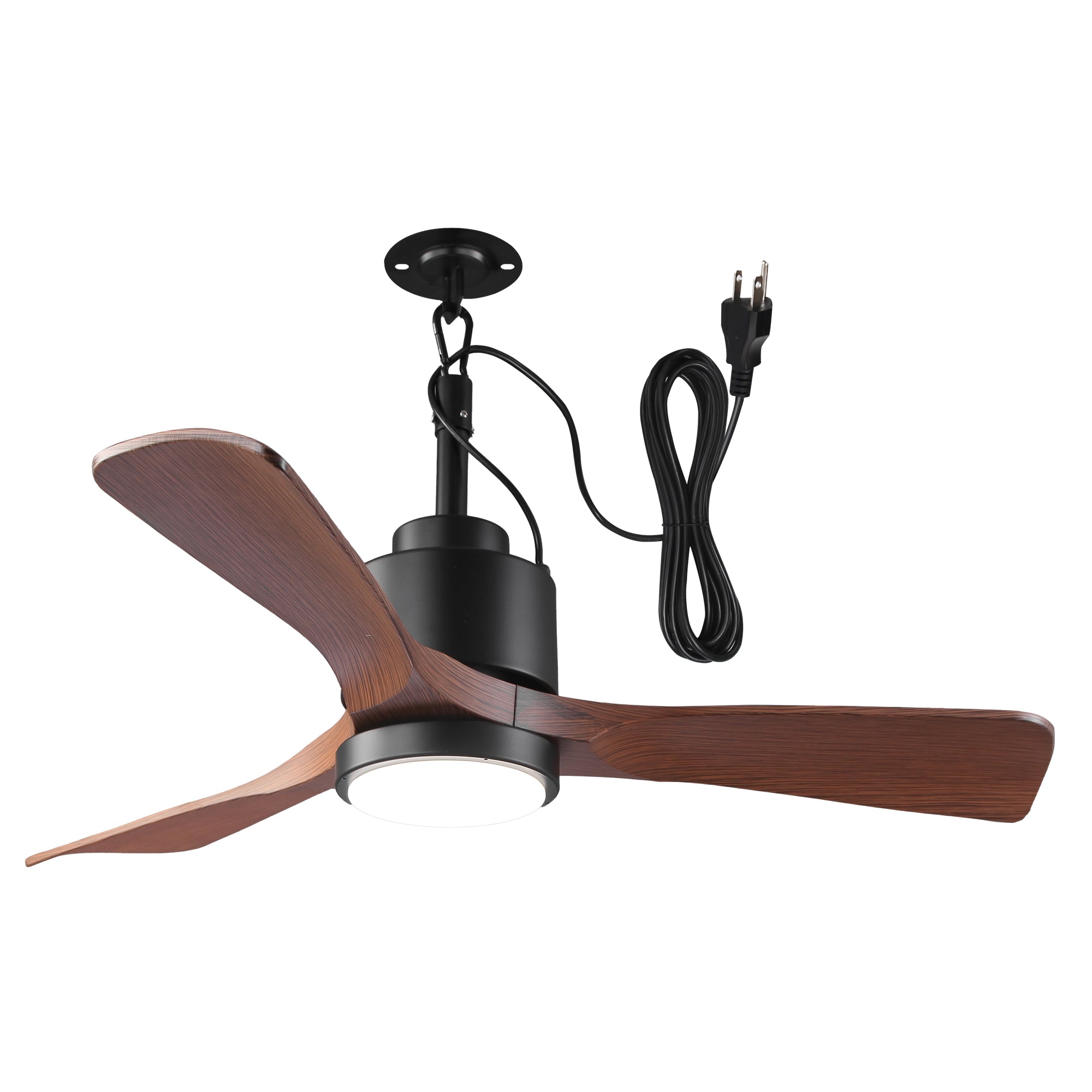 Modern ceiling fan with wood blades, black motor, and attached LED light, plug-in style