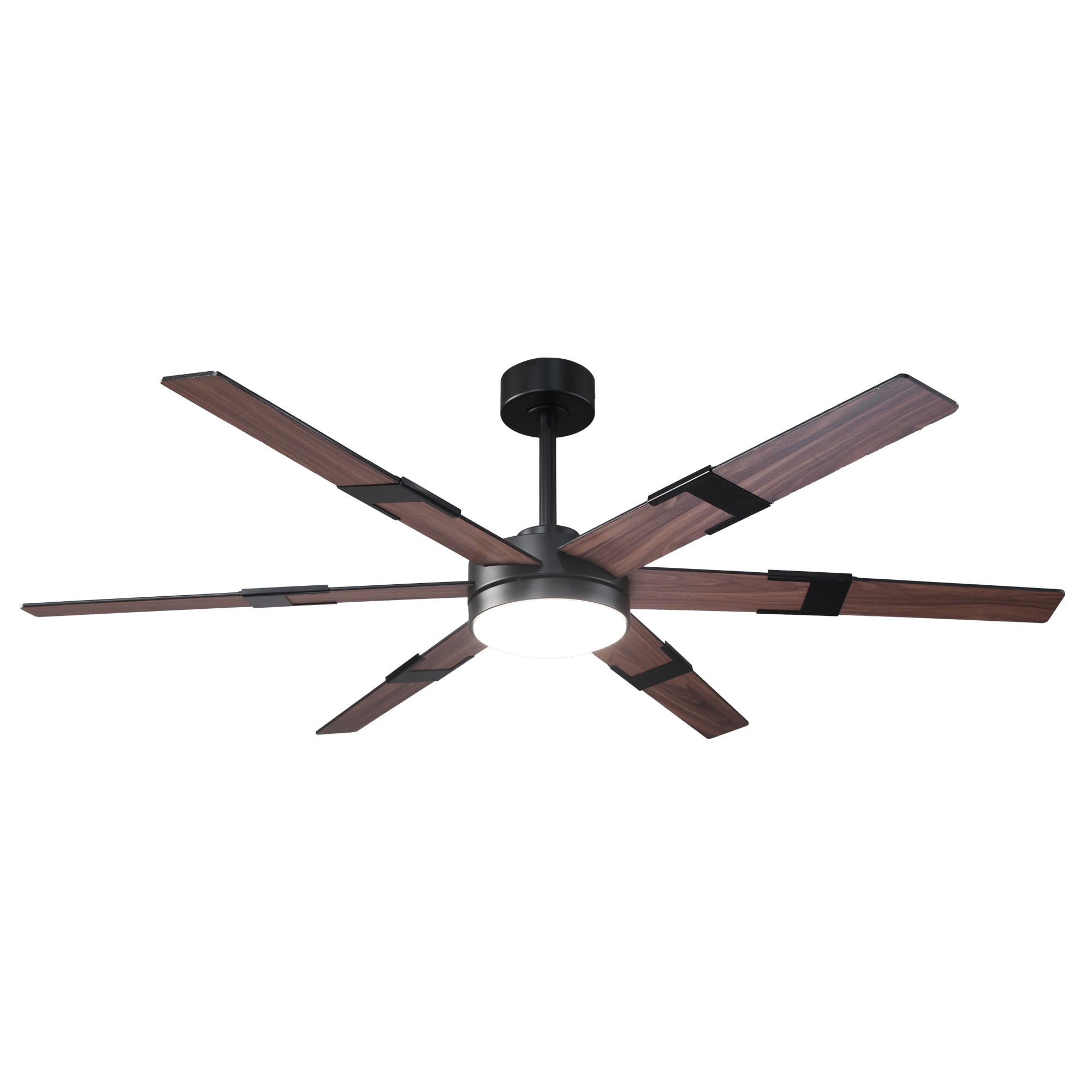 Modern ceiling fan with eight dark wood blades and integrated LED light, isolated on white