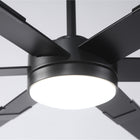 Modern black ceiling fan with LED light, close-up on sleek metal blades and fixture