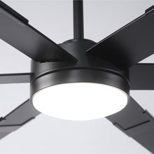 Modern black ceiling fan with LED light, close-up on sleek metal blades and fixture