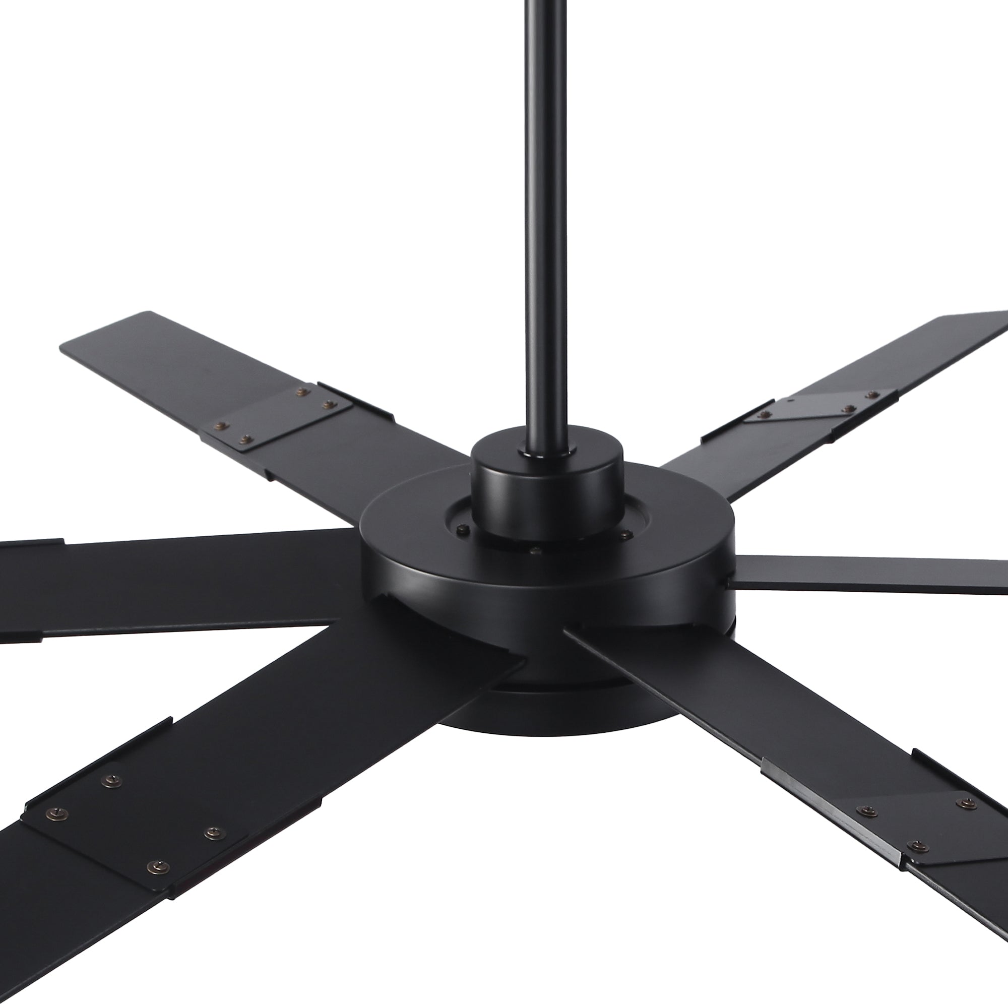 Modern industrial black ceiling fan with six wide blades and metal finish