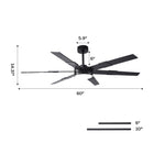 Modern black ceiling fan with LED light, 60-inch blades, dimension labels, downrod options