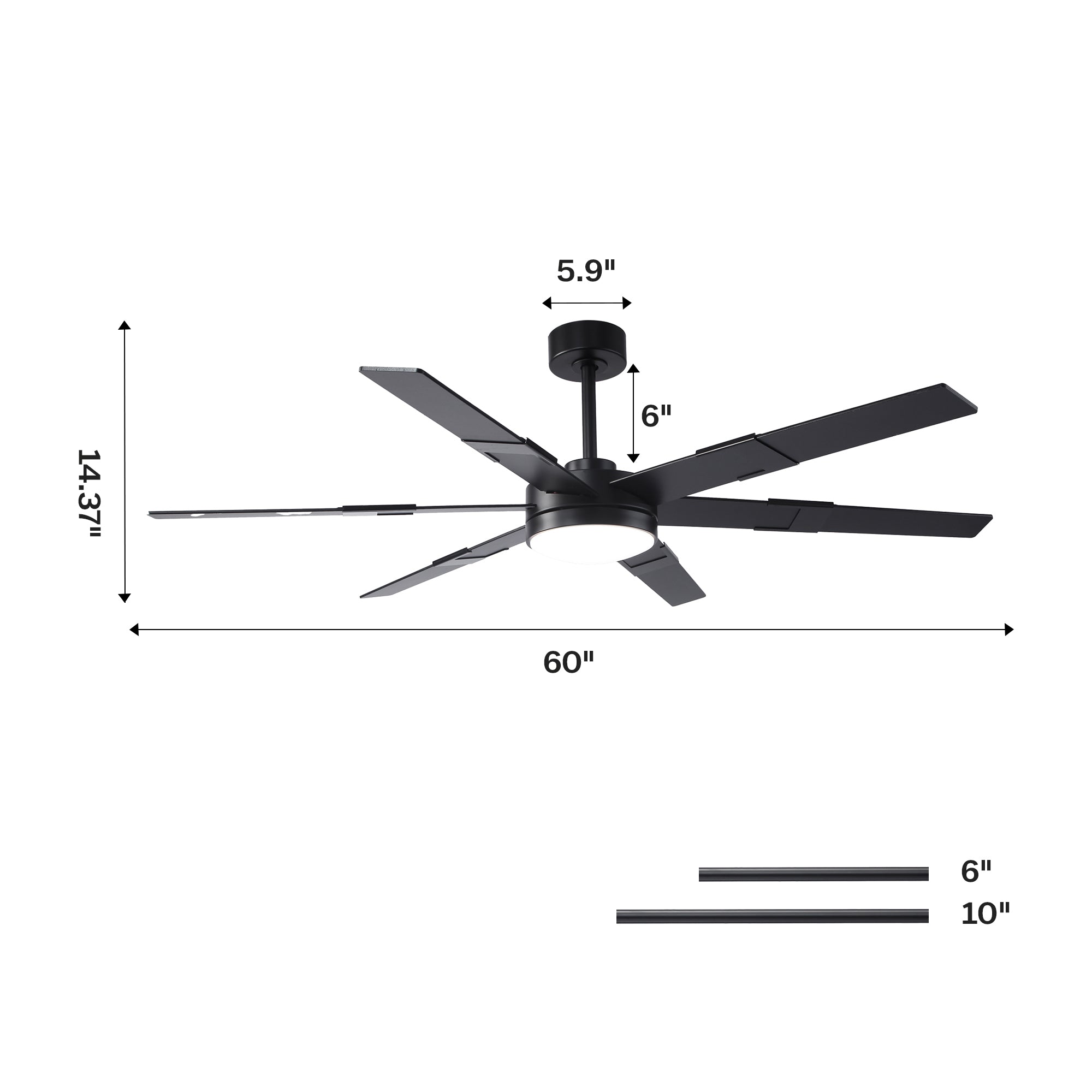 Modern black ceiling fan with LED light, 60-inch blades, dimension labels, downrod options