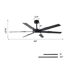 Modern black ceiling fan with LED light, 60-inch blades, dimension labels, downrod options