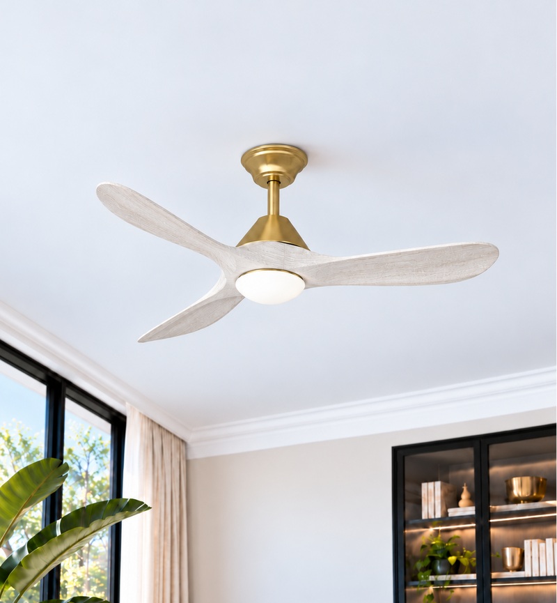 Sylvie 48" Solid Wood Ceiling Fan with Light · Whitewashed & Brass