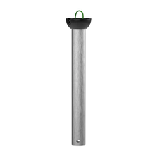 Brushed metal ceiling fan downrod with black mounting cap and green wire, isolated on white