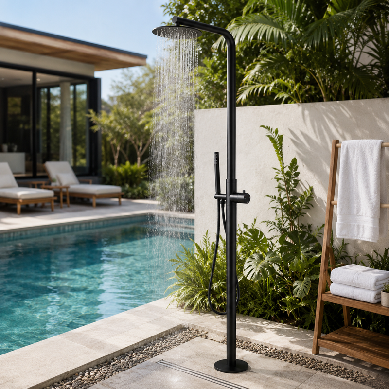 Curved Freestanding Outdoor Shower - Matte Black