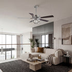 Modern chrome ceiling fan with light in a contemporary living room with neutral decor.