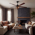 Modern ceiling fan with wood blades and integrated light in cozy living room with sofas and fireplace