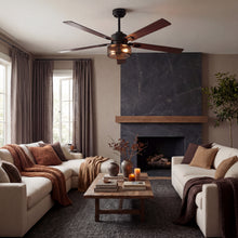 Modern ceiling fan with wood blades and integrated light in cozy living room with sofas and fireplace