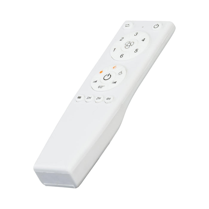 White ceiling fan remote control with timer and speed adjustment buttons