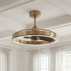 Modern gold fandelier ceiling fan with integrated LED light in a bright living room