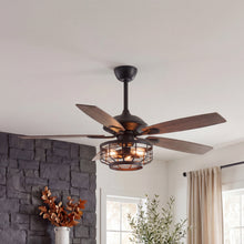 Industrial ceiling fan with wood blades and cage light in modern living room setting