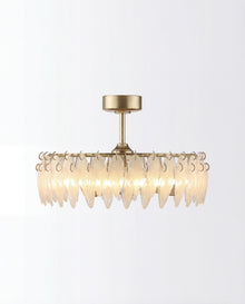 Modern semi-flush ceiling light with gold metal frame and crystal leaf-shaped pendants