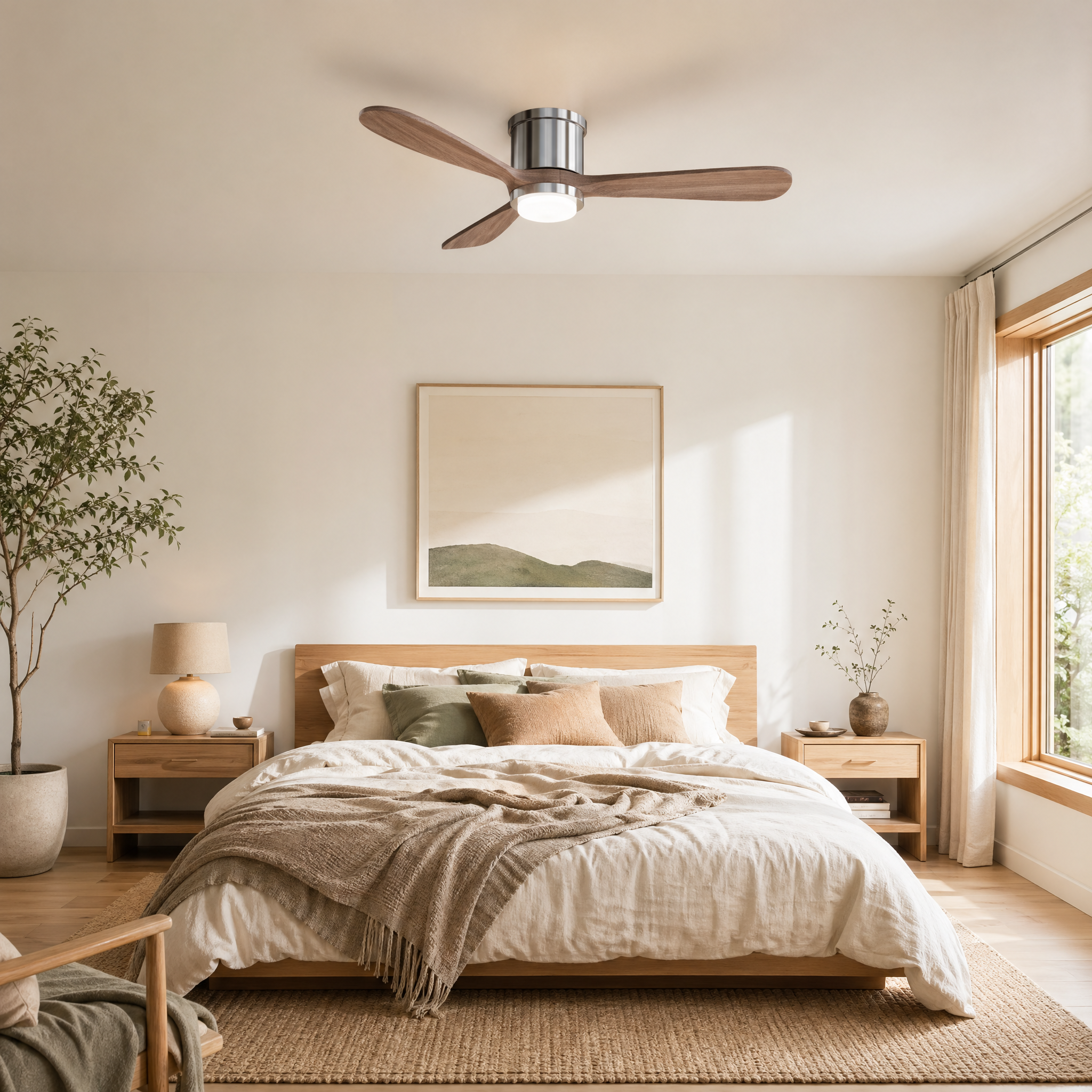 Mayna Flush Ceiling Fan 52" · Light Walnut Solid Wood Blades